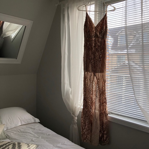 Sequins and Mesh Rose Gold Gown - Picture 1 of 16